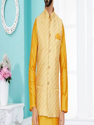 dupion silk yellow kurta pajama with golden jacket set 3