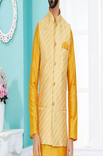 dupion silk yellow kurta pajama with golden jacket set