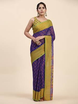 Bs-3Leaf-N.Blue   Printed Chiffon Art Sik Saree 1