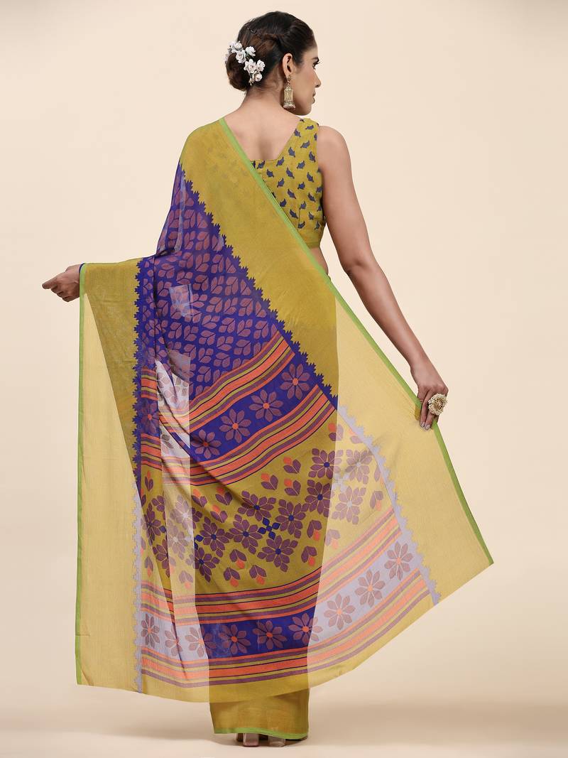 Bs-3Leaf-N.Blue   Printed Chiffon Art Sik Saree