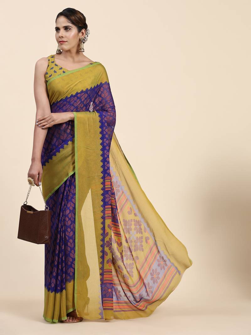 Bs-3Leaf-N.Blue   Printed Chiffon Art Sik Saree