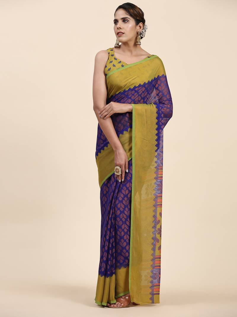 Bs-3Leaf-N.Blue   Printed Chiffon Art Sik Saree