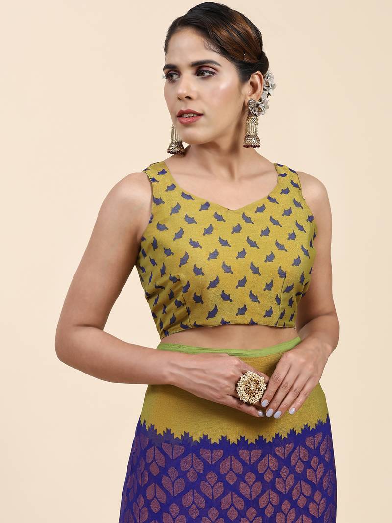 Bs-3Leaf-N.Blue   Printed Chiffon Art Sik Saree