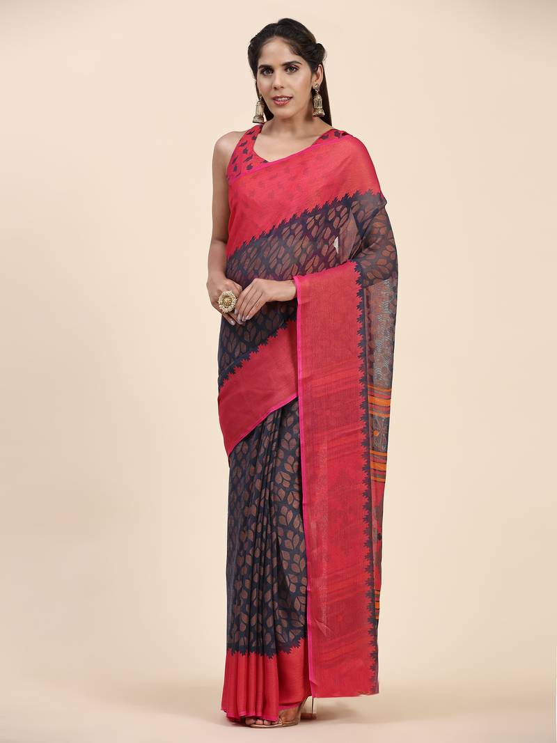 Bs-3Leaf-Grey-Gajri   Printed Chiffon Art Sik Saree