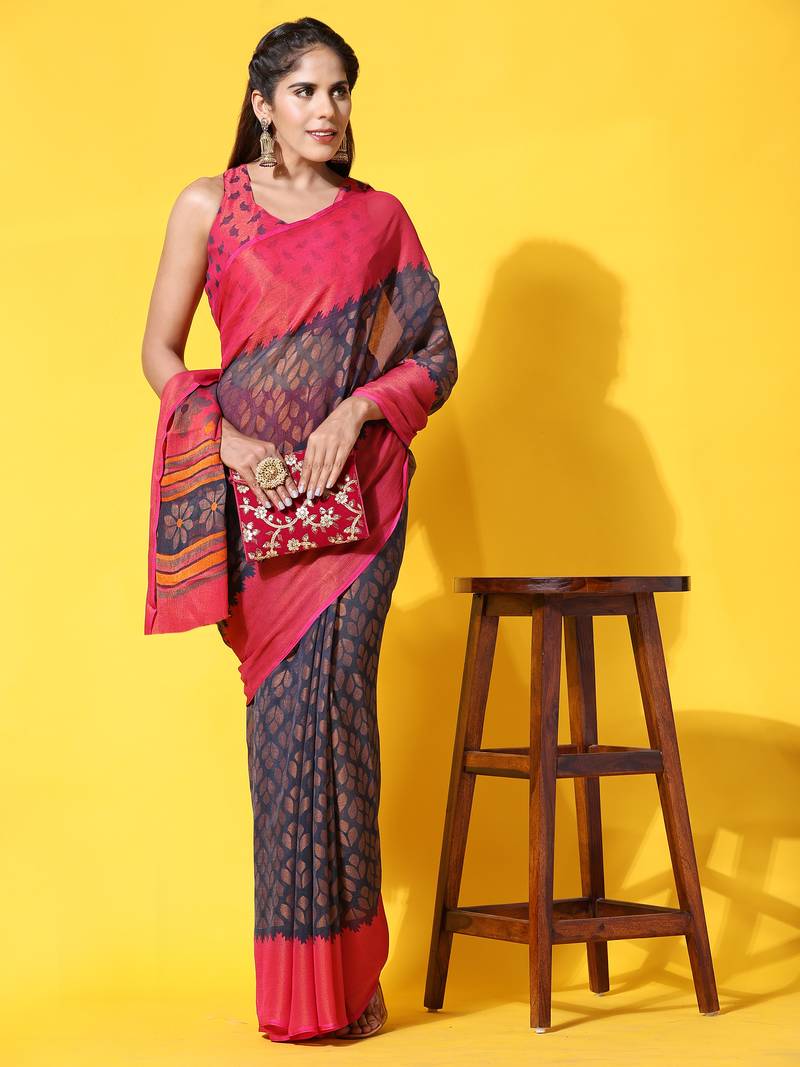 Bs-3Leaf-Grey-Gajri   Printed Chiffon Art Sik Saree