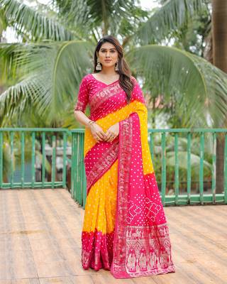 Yellow Woven Design Bandhej Silk Blend Saree With Blouse 1