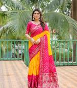 Yellow Woven Design Bandhej Silk Blend Saree With Blouse