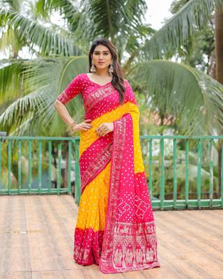 Yellow Woven Design Bandhej Silk Blend Saree With Blouse 2