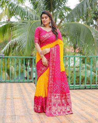 Yellow Woven Design Bandhej Silk Blend Saree With Blouse 3