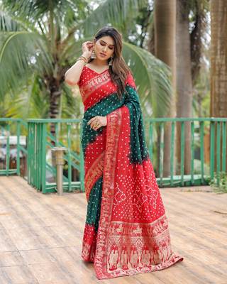 Green Woven Design Bandhej Silk Blend Saree With Blouse 1