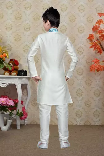 White Art Silk Kids Kurta Pyjama For Boys