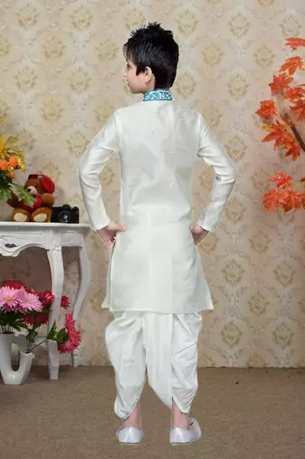 White Art Silk Kids Kurta Pyjama For Boys