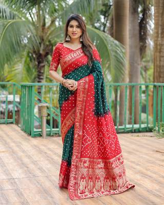 Green Woven Design Bandhej Silk Blend Saree With Blouse 2