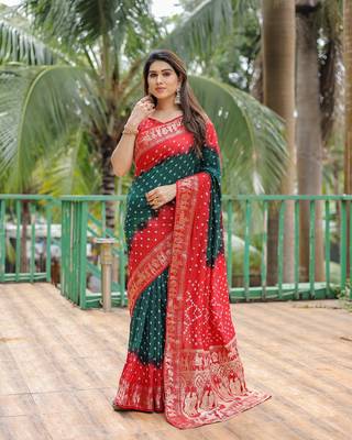 Green Woven Design Bandhej Silk Blend Saree With Blouse 3