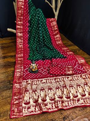 Green Woven Design Bandhej Silk Blend Saree With Blouse 5