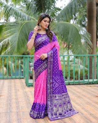 Pink Woven Design Bandhej Silk Blend Saree With Blouse 1