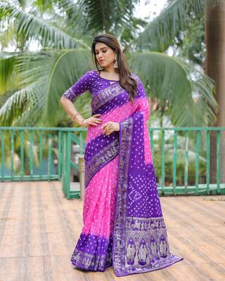 Pink Woven Design Bandhej Silk Blend Saree With Blouse 2