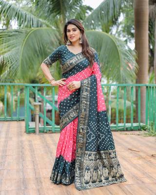 Pink Woven Design Bandhej Silk Blend Saree With Blouse 1