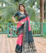 Pink Woven Design Bandhej Silk Blend Saree With Blouse