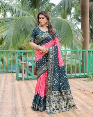 Pink Woven Design Bandhej Silk Blend Saree With Blouse 2