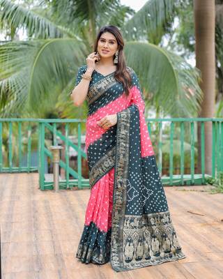 Pink Woven Design Bandhej Silk Blend Saree With Blouse 3