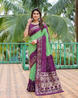 Parrot Green Woven Design Bandhej Silk Blend Saree With Blouse 1
