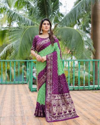 Parrot Green Woven Design Bandhej Silk Blend Saree With Blouse 2