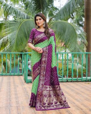 Parrot Green Woven Design Bandhej Silk Blend Saree With Blouse 3