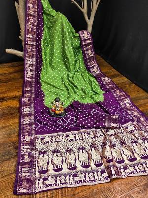 Parrot Green Woven Design Bandhej Silk Blend Saree With Blouse 5