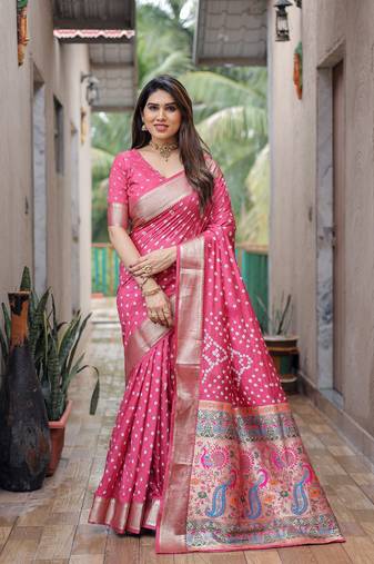 Peach Woven Design Bandhej Silk Blend Saree With Blouse