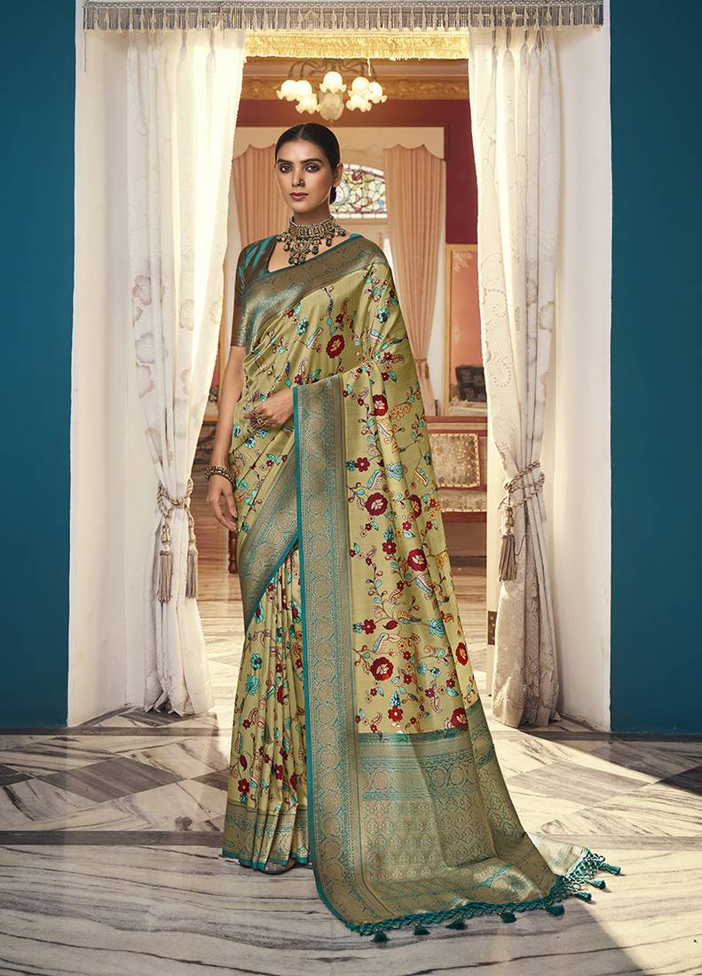 Chikoo color digitally printed silk saree with blouse