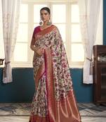Beige color digitally printed silk saree with blouse