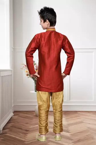Maroon Art Silk Kids Kurta Pyjama For Boys