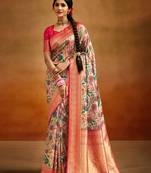 Cream Color Weaved Kalamkari From Banaras silk blend Saree With Blouse