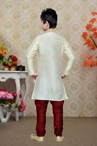 Cream Art Silk Kids Kurta Pyjama For Boys