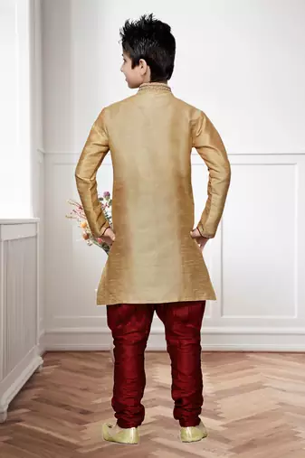 Gold Art Silk Kids Kurta Pyjama For Boys