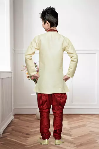 Gold Art Silk Kids Kurta Pyjama For Boys