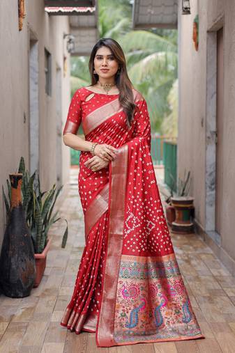 Red Woven Design Bandhej Silk Blend Saree With Blouse