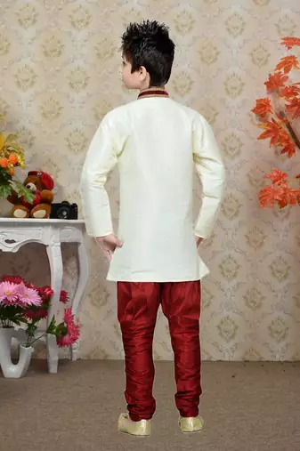 Cream Art Silk Kids Kurta Pyjama For Boys