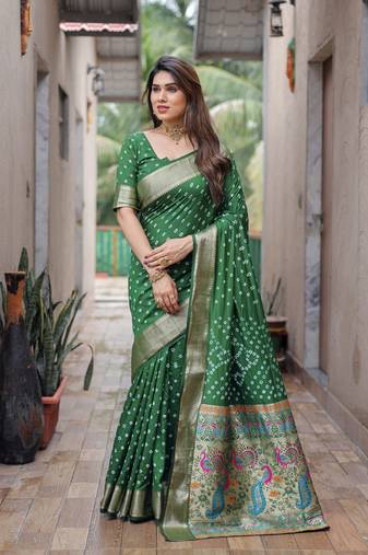 Green Woven Design Bandhej Silk Blend Saree With Blouse
