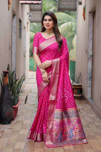 Pink Woven Design Bandhej Silk Blend Saree With Blouse