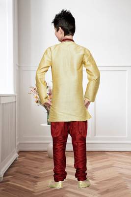 Gold  Art Silk Kids Kurta Pyjama For Boys 4