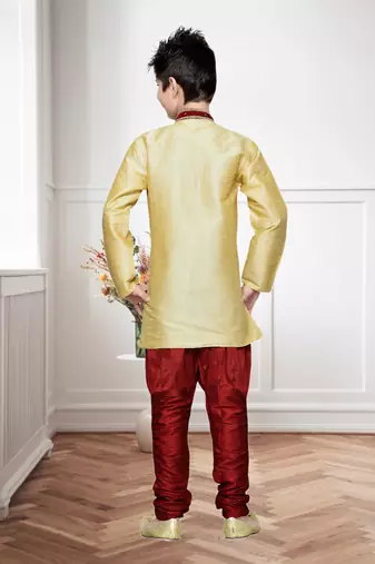 Gold  Art Silk Kids Kurta Pyjama For Boys
