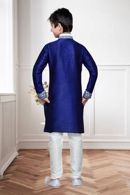 Navy Blue Art Silk Kids Kurta Pyjama For Boys 4