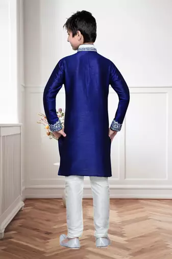 Navy Blue Art Silk Kids Kurta Pyjama For Boys