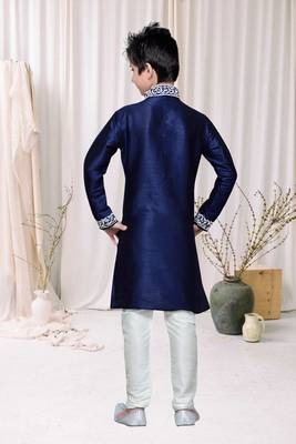 Navy Blue Art Silk Kids Kurta Pyjama For Boys 4