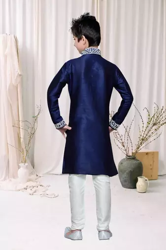 Navy Blue Art Silk Kids Kurta Pyjama For Boys