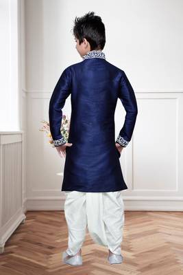 Navy Blue Art Silk Kids Kurta Pyjama For Boys 4