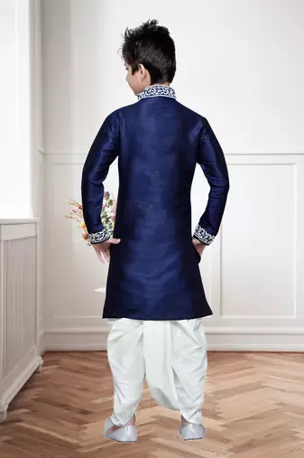 Navy Blue Art Silk Kids Kurta Pyjama For Boys