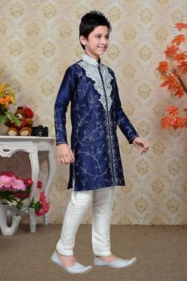 Navy Blue Art Silk Kids Kurta Pyjama For Boys 4